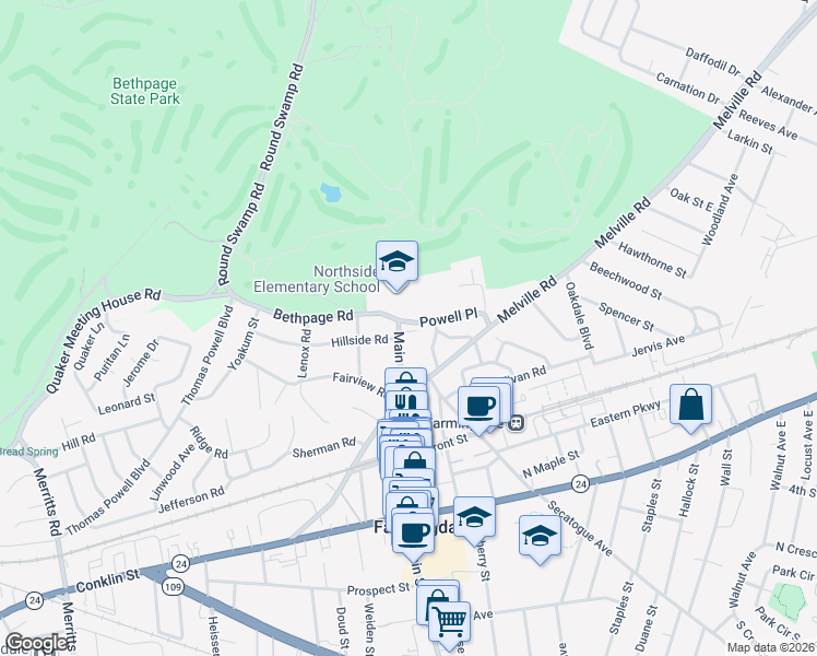 map of restaurants, bars, coffee shops, grocery stores, and more near 3 Main Street in Farmingdale