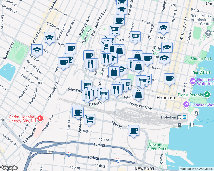map of restaurants, bars, coffee shops, grocery stores, and more near 83 Monroe Street in Hoboken