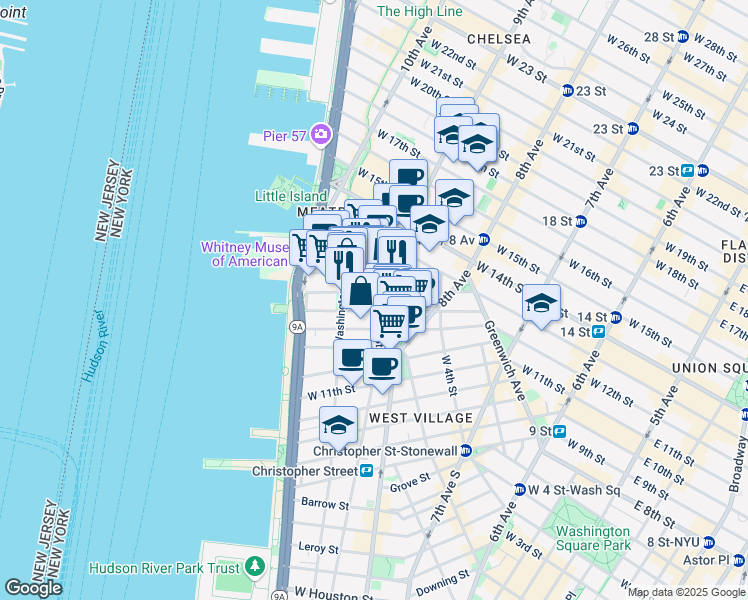 map of restaurants, bars, coffee shops, grocery stores, and more near 842-846 Greenwich Street in New York