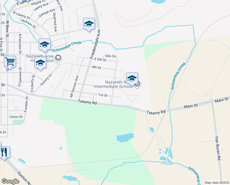 map of restaurants, bars, coffee shops, grocery stores, and more near 303 Farmview Road in Nazareth