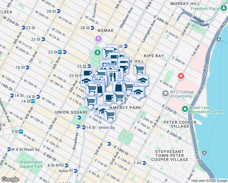 map of restaurants, bars, coffee shops, grocery stores, and more near 4 Lexington Avenue in New York