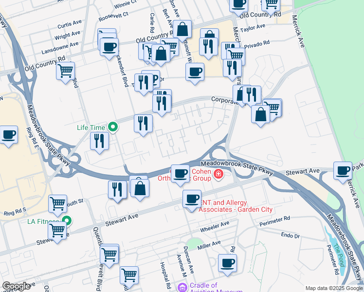 map of restaurants, bars, coffee shops, grocery stores, and more near 136 Shady Lane in Uniondale