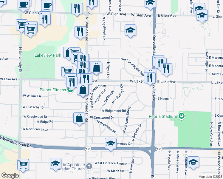 map of restaurants, bars, coffee shops, grocery stores, and more near 4203 North Chelsea Place in Peoria