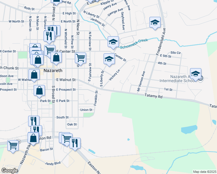 map of restaurants, bars, coffee shops, grocery stores, and more near 157 Victory Lane in Nazareth