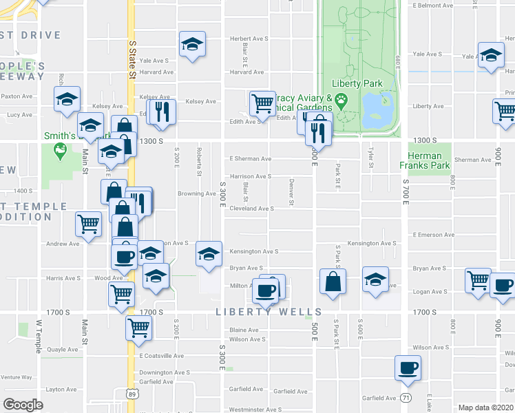 map of restaurants, bars, coffee shops, grocery stores, and more near 375 Cleveland Avenue South in Salt Lake City