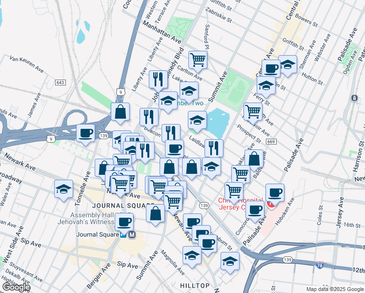 map of restaurants, bars, coffee shops, grocery stores, and more near in Jersey City