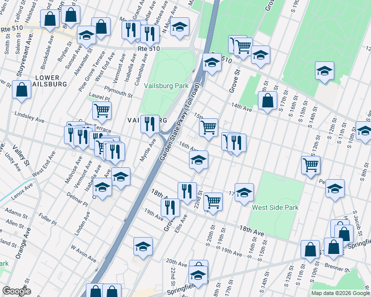 map of restaurants, bars, coffee shops, grocery stores, and more near 34 Arverne Terrace in Irvington