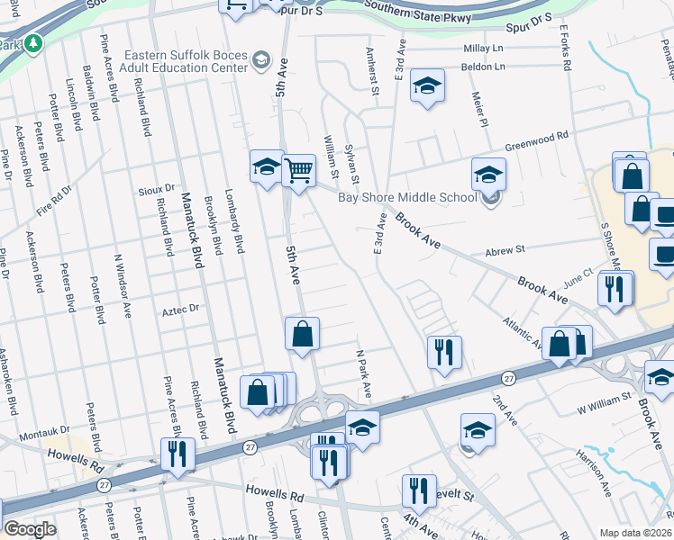 map of restaurants, bars, coffee shops, grocery stores, and more near 317 Frederick Avenue in Bay Shore