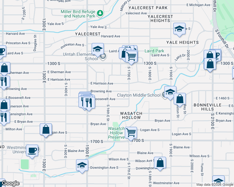 map of restaurants, bars, coffee shops, grocery stores, and more near 1634 Browning Avenue in Salt Lake City