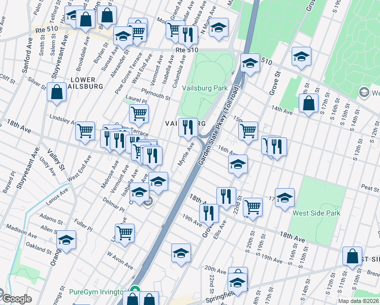 map of restaurants, bars, coffee shops, grocery stores, and more near 388 Myrtle Avenue in Irvington