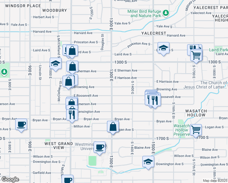 map of restaurants, bars, coffee shops, grocery stores, and more near 1433 South 1300 East in Salt Lake City