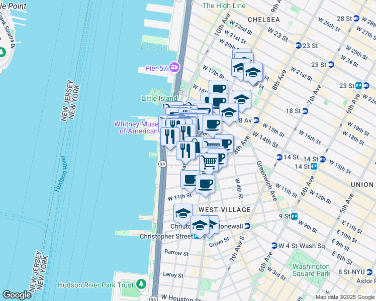map of restaurants, bars, coffee shops, grocery stores, and more near 809 Washington Street in New York