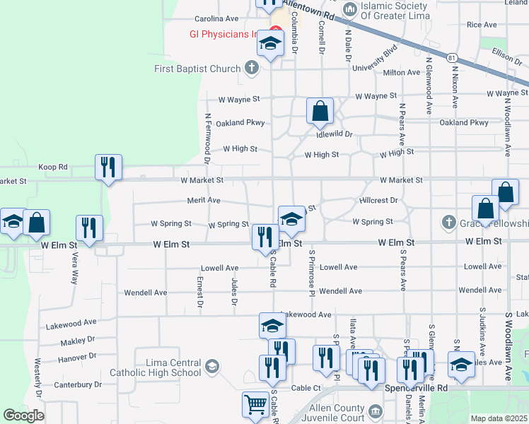 map of restaurants, bars, coffee shops, grocery stores, and more near 2109 Merit Avenue in Lima