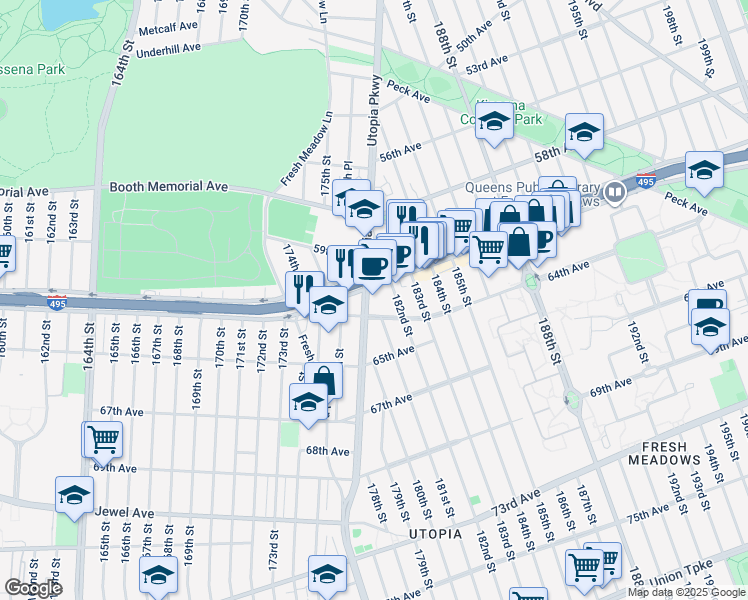 map of restaurants, bars, coffee shops, grocery stores, and more near 6109 Utopia Parkway in Queens