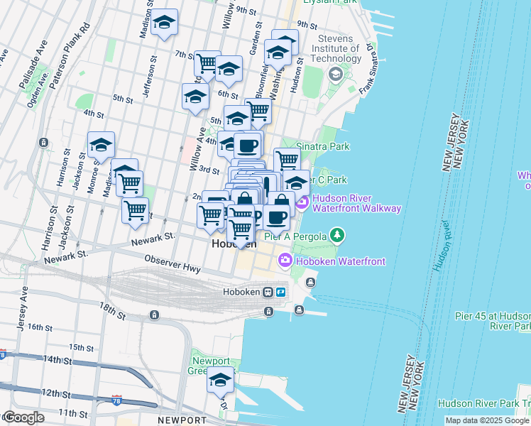 map of restaurants, bars, coffee shops, grocery stores, and more near 205 Hudson Street in Hoboken