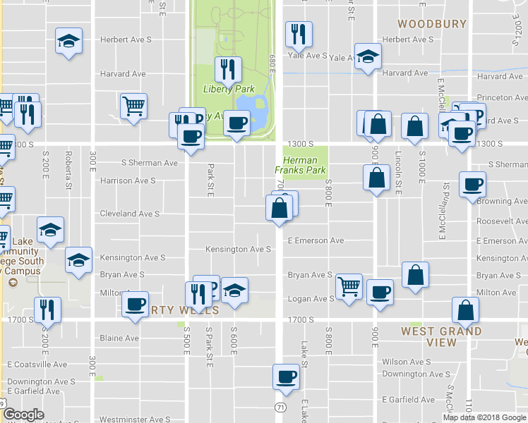 map of restaurants, bars, coffee shops, grocery stores, and more near 676 Browning Avenue South in Salt Lake City