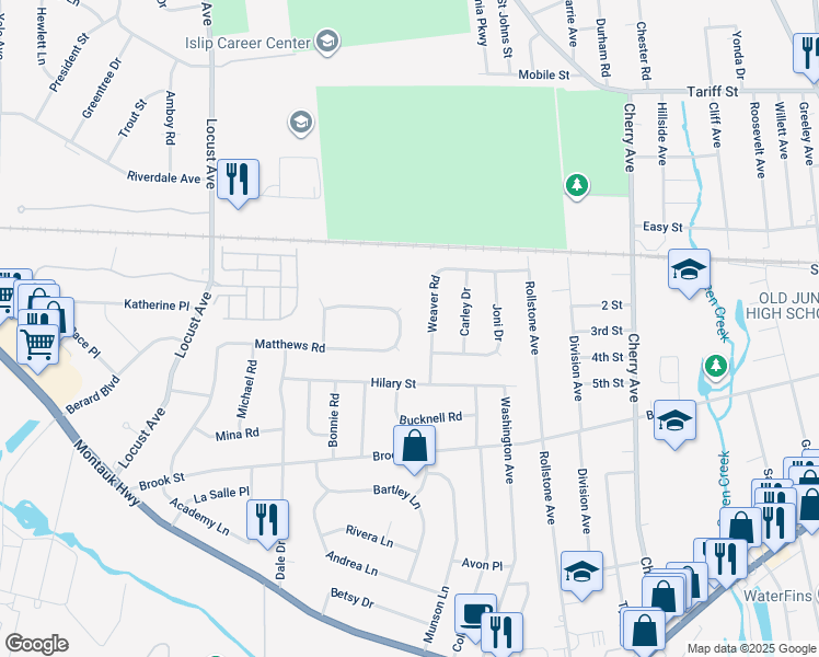 map of restaurants, bars, coffee shops, grocery stores, and more near 238 Matthews Road in Oakdale