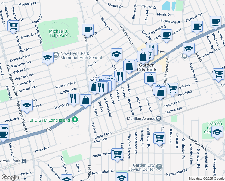map of restaurants, bars, coffee shops, grocery stores, and more near 2178 New York 25 in Garden City Park