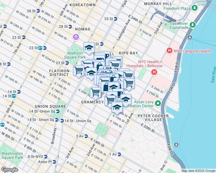 map of restaurants, bars, coffee shops, grocery stores, and more near 297 3rd Avenue in New York