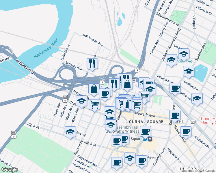 map of restaurants, bars, coffee shops, grocery stores, and more near 30 Dey Street in Jersey City
