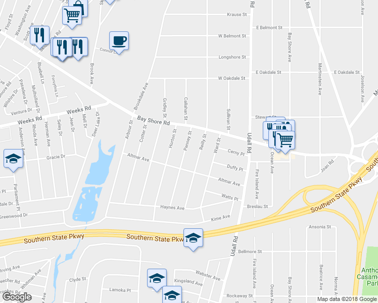 map of restaurants, bars, coffee shops, grocery stores, and more near 69 Penney Street in West Islip