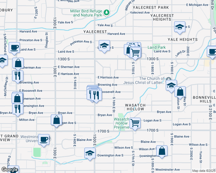 map of restaurants, bars, coffee shops, grocery stores, and more near 1562 Browning Avenue South in Salt Lake City