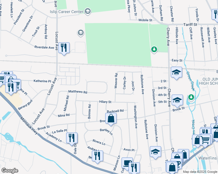 map of restaurants, bars, coffee shops, grocery stores, and more near 238 Matthews Road in Oakdale