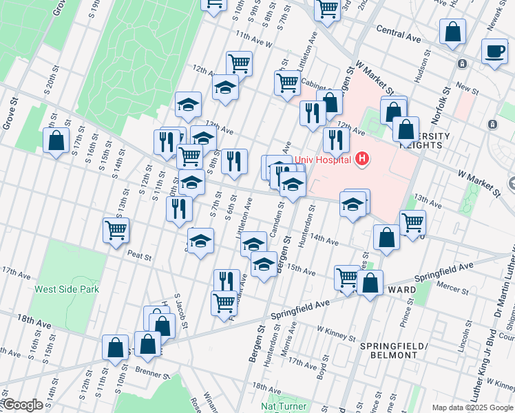 map of restaurants, bars, coffee shops, grocery stores, and more near 268-274 South Orange Avenue in Newark