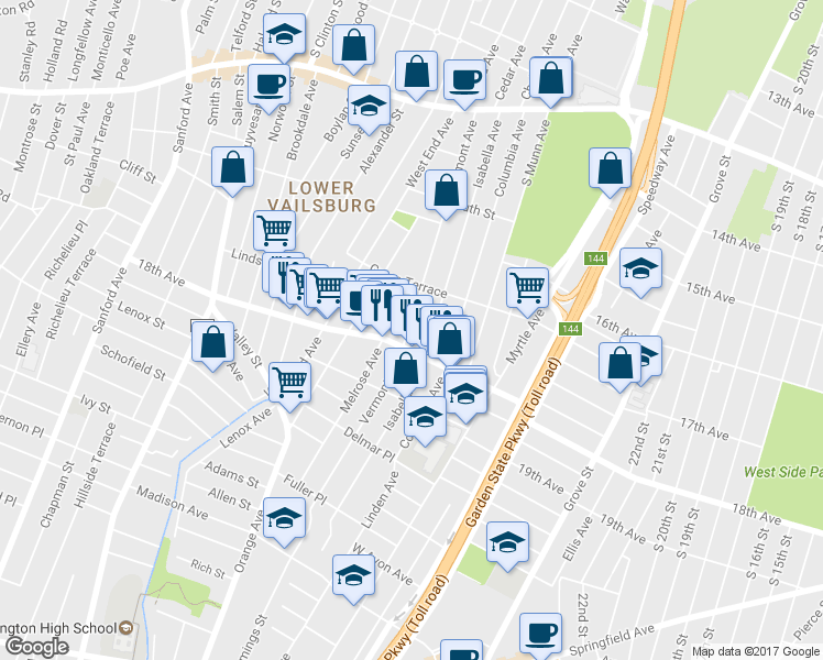 map of restaurants, bars, coffee shops, grocery stores, and more near 192 Vermont Avenue in Irvington