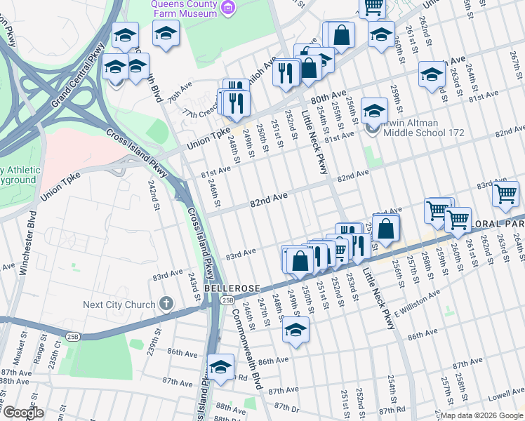 map of restaurants, bars, coffee shops, grocery stores, and more near 248-04 82nd Avenue in Queens