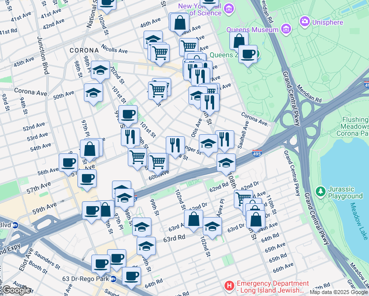 map of restaurants, bars, coffee shops, grocery stores, and more near 104-19 Otis Avenue in Queens