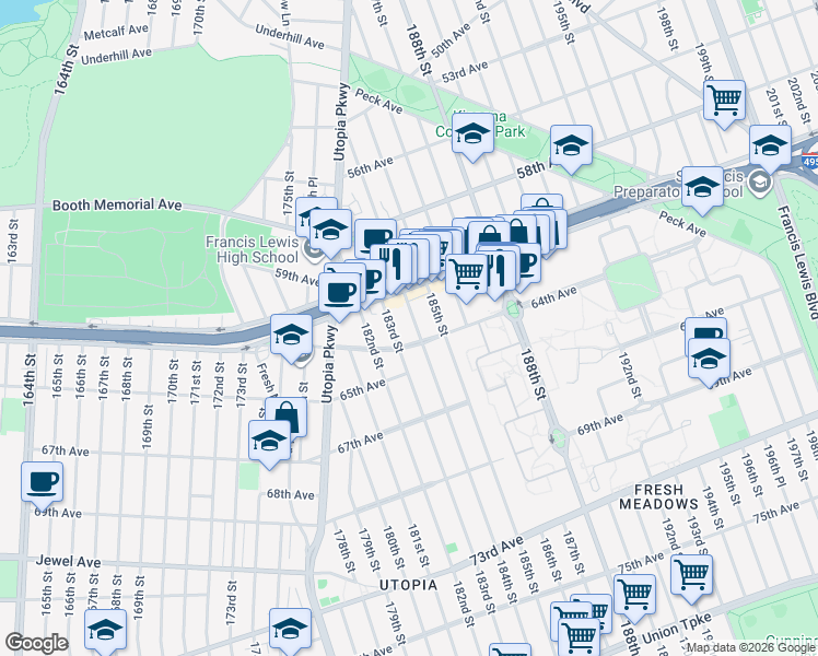 map of restaurants, bars, coffee shops, grocery stores, and more near 61-39 184th Street in Queens