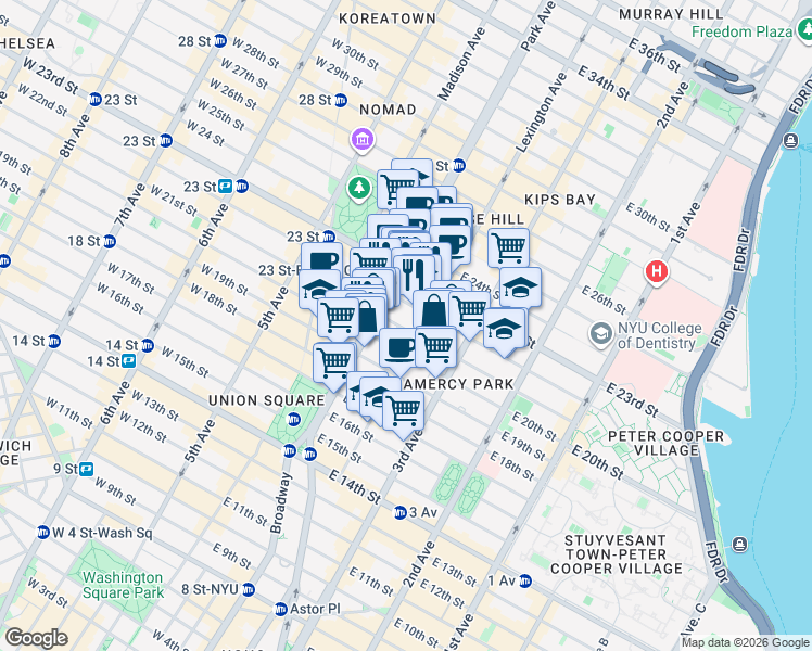 map of restaurants, bars, coffee shops, grocery stores, and more near 2 Lexington Avenue in New York