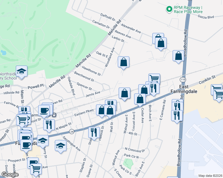 map of restaurants, bars, coffee shops, grocery stores, and more near 114 Jervis Avenue in Farmingdale