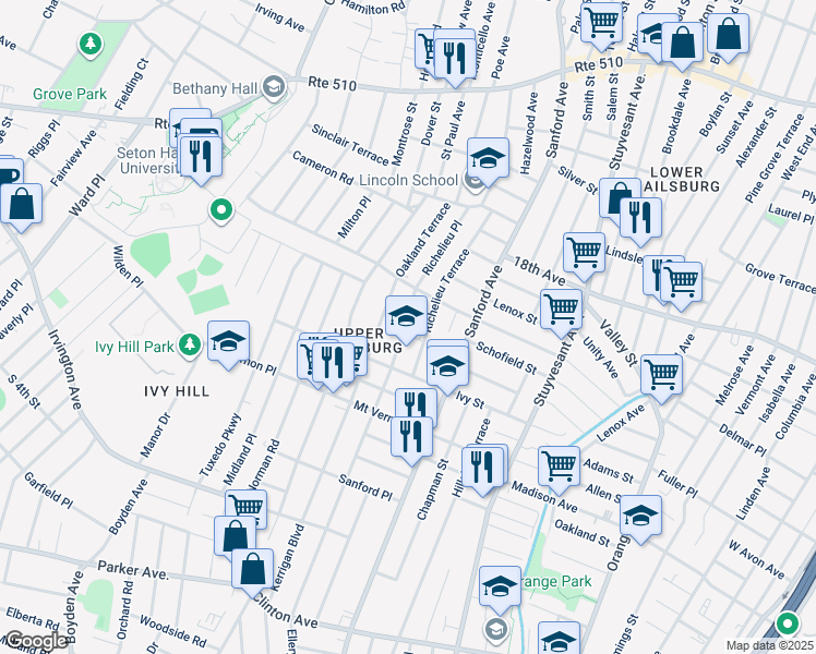 map of restaurants, bars, coffee shops, grocery stores, and more near 326 Ellery Avenue in Newark