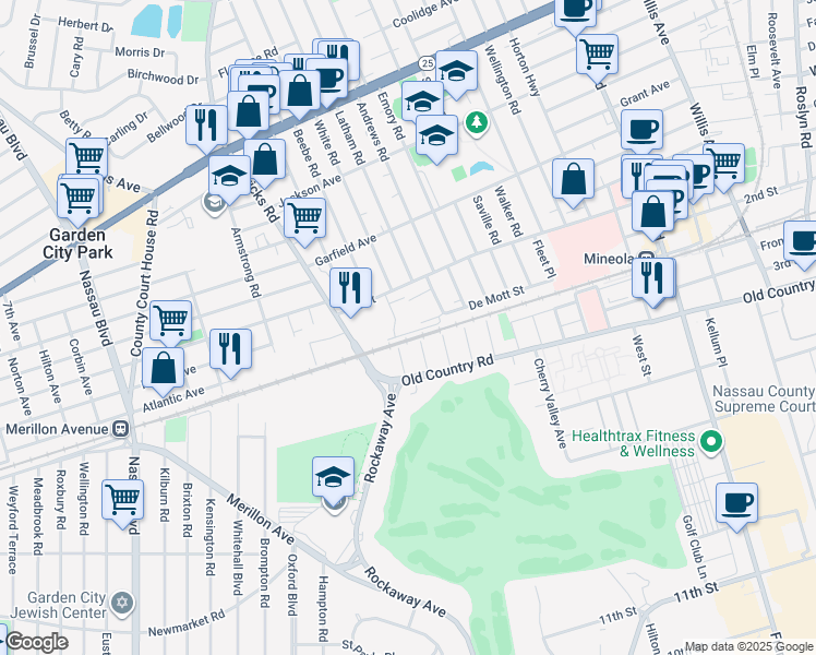 map of restaurants, bars, coffee shops, grocery stores, and more near 28 Richlee Court in Mineola