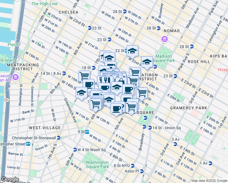 map of restaurants, bars, coffee shops, grocery stores, and more near 43 West 16th Street in New York