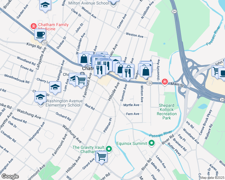 map of restaurants, bars, coffee shops, grocery stores, and more near 38 Hillside Avenue in Chatham
