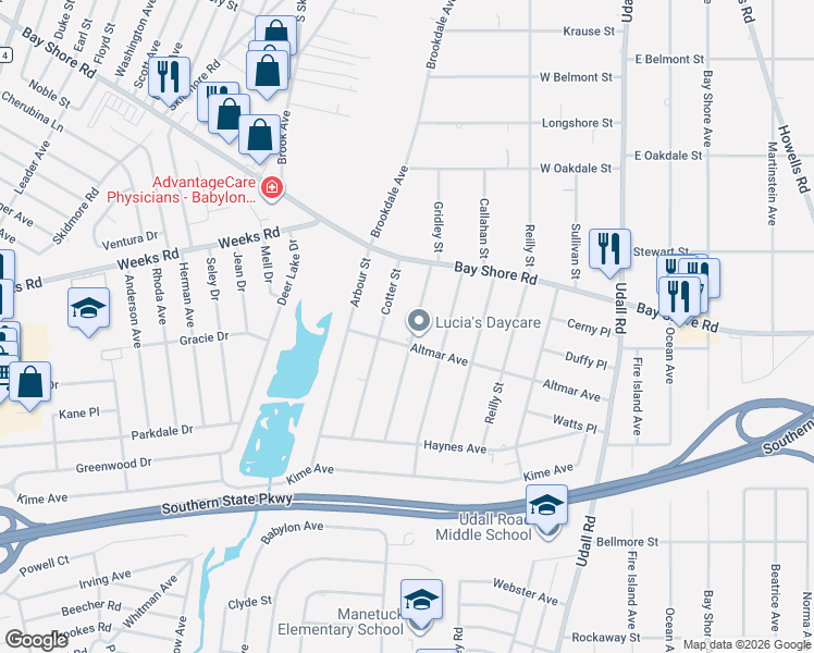 map of restaurants, bars, coffee shops, grocery stores, and more near 62 Gridley Street in West Islip
