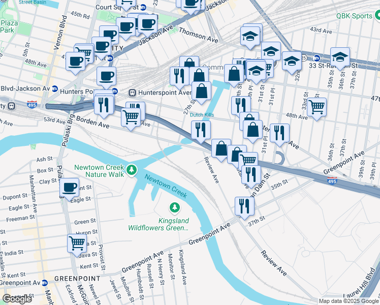 map of restaurants, bars, coffee shops, grocery stores, and more near 28-20 Borden Avenue in Queens