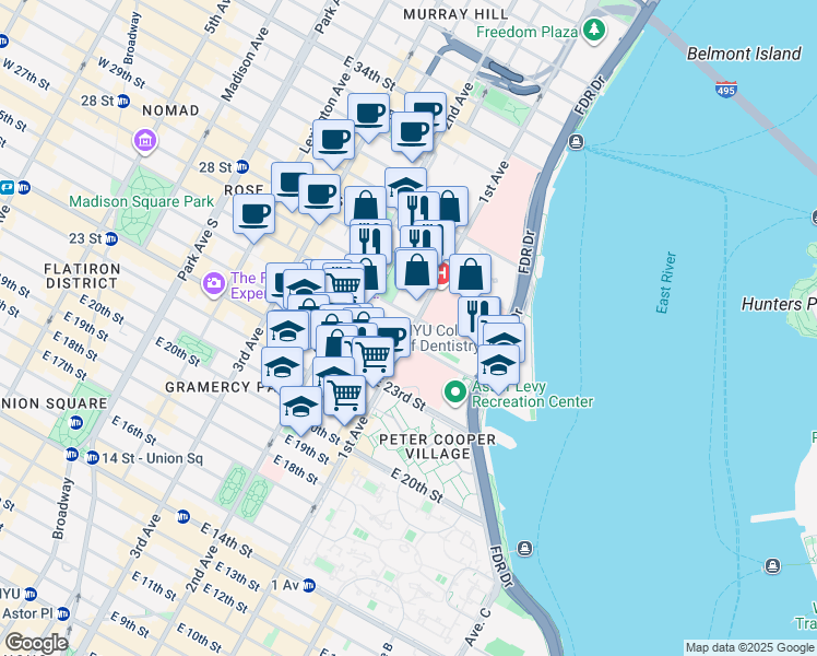 map of restaurants, bars, coffee shops, grocery stores, and more near 433 1st Avenue in New York