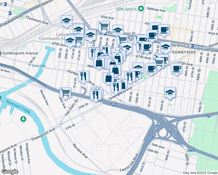 map of restaurants, bars, coffee shops, grocery stores, and more near 48-49 35th Street in Queens