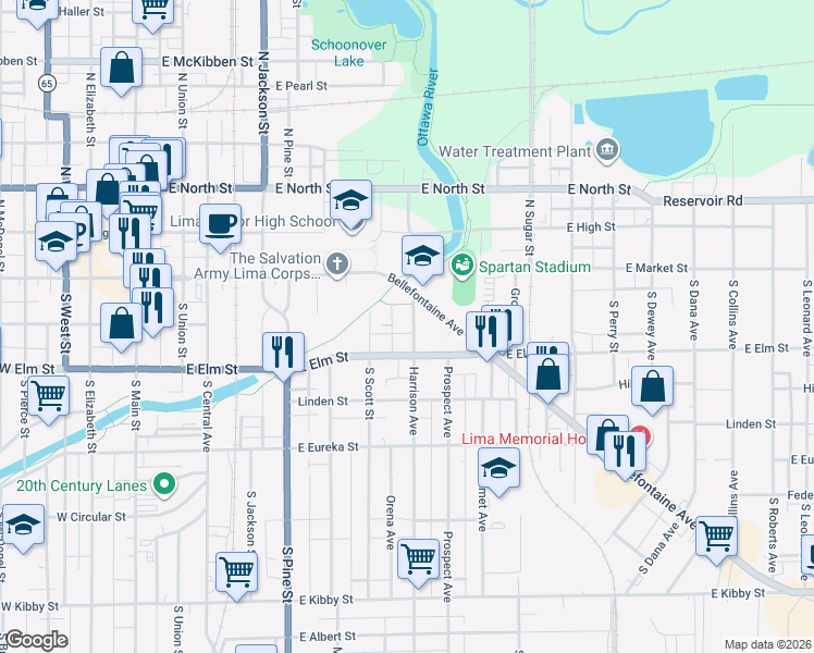 map of restaurants, bars, coffee shops, grocery stores, and more near 126 Harrison Avenue in Lima