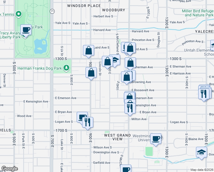 map of restaurants, bars, coffee shops, grocery stores, and more near 1432 South 1000 East in Salt Lake City