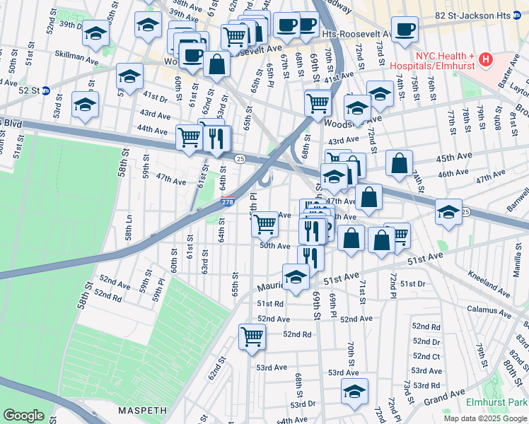 map of restaurants, bars, coffee shops, grocery stores, and more near 46-38 66th Street in Queens