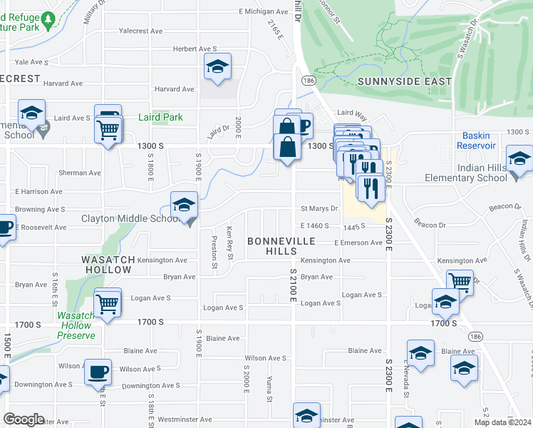 map of restaurants, bars, coffee shops, grocery stores, and more near 1435 El Rey Street in Salt Lake City
