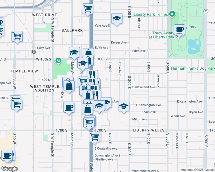 map of restaurants, bars, coffee shops, grocery stores, and more near 171 East Cleveland Avenue in Salt Lake City