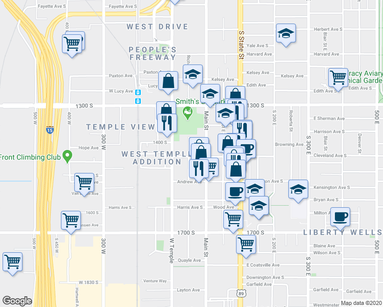 map of restaurants, bars, coffee shops, grocery stores, and more near 32 Merrimac Avenue in Salt Lake City