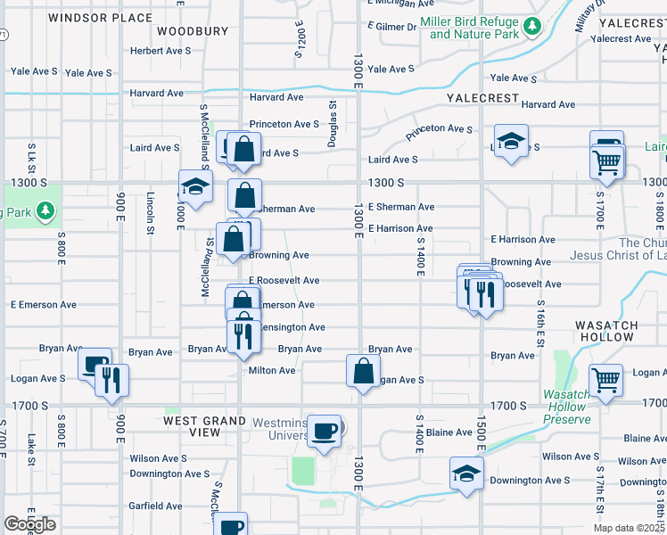 map of restaurants, bars, coffee shops, grocery stores, and more near 1236 Browning Avenue South in Salt Lake City