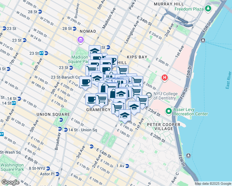 map of restaurants, bars, coffee shops, grocery stores, and more near 297 3rd Avenue in New York
